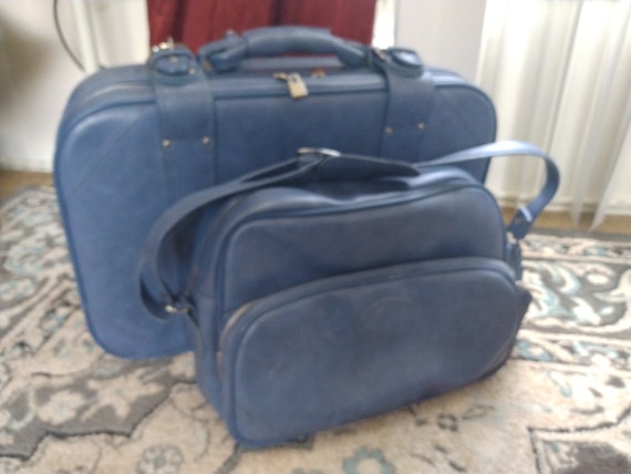 Vintage Luggage Retro Blue Vinyl Suitcase Set Retro Travel Bag 