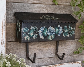 Mid Century Modern Mailbox | Vintage Metal Newpaper Magazine Holder Painted Hydrangeas | Rustic Farmhouse Cottage Decor | Primitive Key Mail