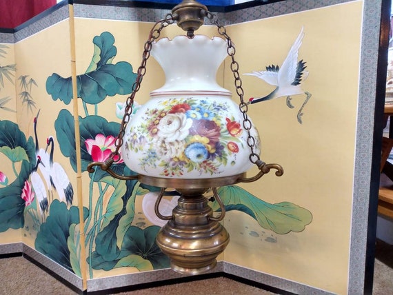 Vintage Working Two Light Floral Hurricane Lamp