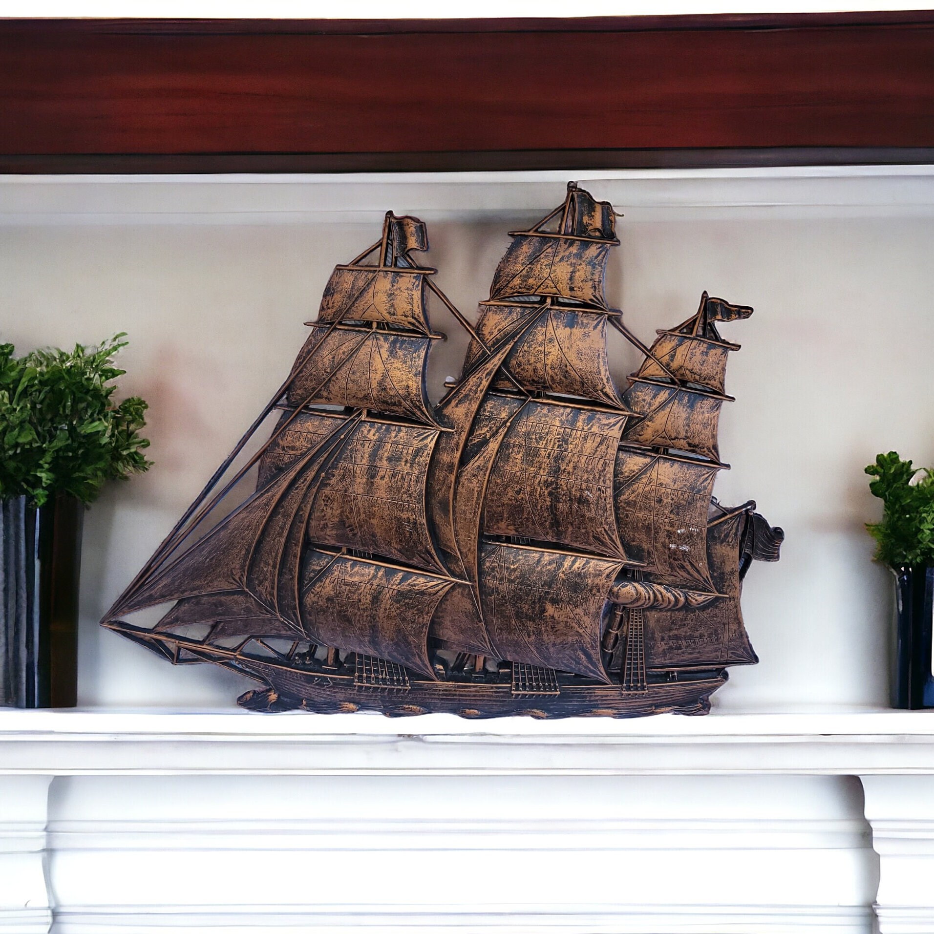 MCM Ship 1962 Sailing Ship Faux Copper Wall Hanging Syroco Coppercraft  Guild 3D Nautical Tall Clipper LRG 27 X 21 Mid Century Vintage 