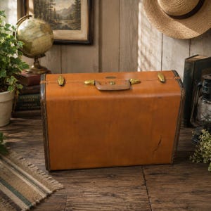 May include: A rectangular tan leather suitcase featuring a central handle, brass-toned metal latches, and dark brown trim along the edges. The suitcase has a smooth, solid-colored exterior surface with visible signs of wear and a small scratch.