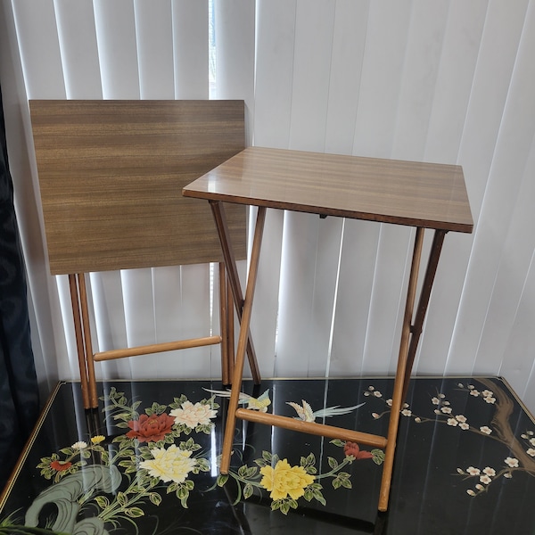 Vintage MCM TV Table Stand Set of Two Folding Portable Table Lap Tray Wood Laminate Top Tray Retro Wooden Lap Desk Mid Century Modern