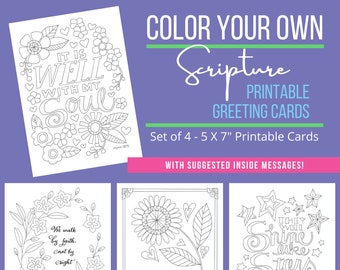 May include: Set of four printable greeting cards featuring black and white illustrations of flowers, stars, and inspirational quotes. Each card measures 5 inches by 7 inches. The quotes include "It is well with my soul", "We walk by faith, not by sight", "You are all beautiful, my love. There is no flaw in you", and "They will shine like stars forever".