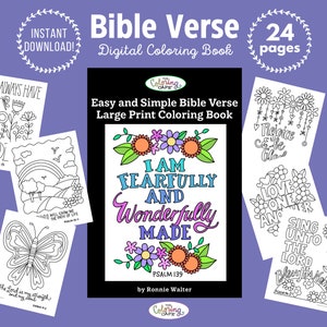 Könnte beinhalten: Ein digitales Malbuch mit 24 Seiten mit Bibelversen. Das Cover zeigt eine farbenfrohe Illustration von Blumen und den Text "Ich bin wunderbar gemacht." Psalm 139.