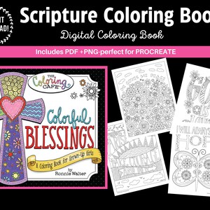Op de afbeelding: Een zwart-wit kleurboek met de titel "Colorful Blessings: A Coloring Book for Grown-Up Girls" door Ronnie Walter. De omslag toont een kruis met een hart en bloemen. Het boek bevat pagina's met afbeeldingen van bloemen, vlinders en inspirerende citaten.