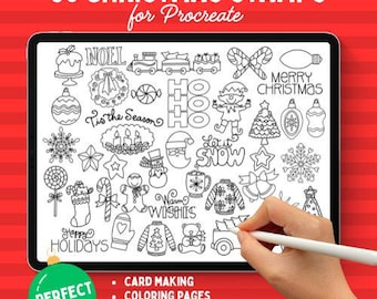 May include: A digital tablet screen displaying 50 black and white Christmas themed stamps for the Procreate app. The stamps include images of a Christmas tree, ornaments, candy canes, a snowman, a stocking, a wreath, a train, a gingerbread man, a mug, a sweater, a bell, a snowflake, a star, a gift, a Santa hat, a reindeer, a penguin, a teddy bear, and more. The text "50 CHRISTMAS STAMPS for Procreate" is at the top of the screen. The text "PERFECT FOR... CARD MAKING, COLORING PAGES, HOLIDAY CRAFTS AND DECOR, PLACECARDS...AND MORE!" is at the bottom of the screen.