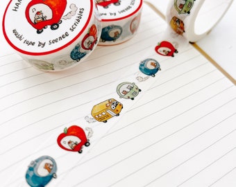 Hamster Transportation Washi Tape • Cute Hand-Painted Cars Junk Journaling Masking Tape