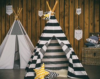 Teepee, tipi, vigwam, tipi para niños, zelt, carpa, diseño nórdico, escandinavo, wigwam, Kids Play Teepee, Play House, vigvam - rayas negras