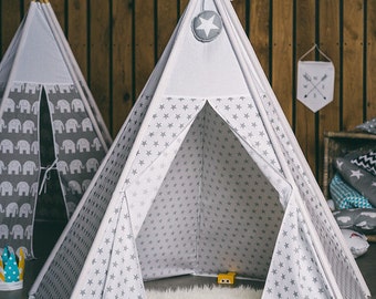 Teepee,tipi, zelt, grey star teepee,vigwam, teepee for boys, tent, romantic, wigwam, Kids Play Teepee, Play House, vigvam - GREY STARS