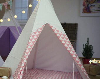 Tipi, tipi pour enfants, tipi pour garçons,tipi pour filles,zelt,tente,wigwam,Kids Play Tipi,Playhouse, tipi pour enfants - triangles corail