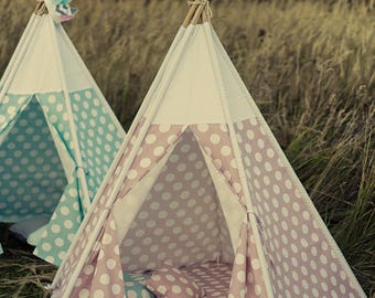 Tipi, Tipi für Jungen, Tipi für Mädchen, Zelt, blaues Tipi, Wigwam, Kinderspiel-Tipi, Spielhaus, Punkte-Tipi -  rosa gewaschen