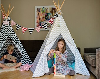 Teepee,tipi, vigwam, teepee for girls, tent, romantic, wigwam, Kids Play Teepee, Play House, vigvam - BLACK or BEIGE CHEVRON