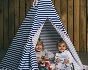 Teepee, tipi, vigwam, tipi para niños, tipi para niñas, zelt,carpa, rayas tipi, wigwam, Kids Play Teepee, tipi náutico,vigvam - Rayas azules