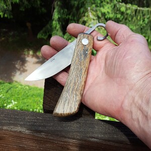 May include: A small, wooden-handled pocket knife with a metal blade and a hook on the handle. The blade is partially open and the handle is made of a dark wood with a light wood grain.