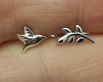 Tiny sterling silver Bird Branch studs. Bird stud earrings. Flower jewelry. Tween earrings. Bird on branch jewelry. Minimalist earrings.