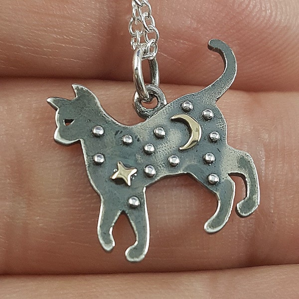 Sterling Silver Cat Necklace: Night Sky Moon & Star Pendant