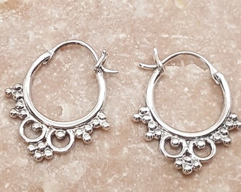 Sterling Silver Moroccan Hoop Earrings: Small Floral Boho Style