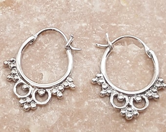 Sterling silver boho hoops. Small Moroccan hoops. Floral hoops. Marrakech hoops. Small hoops. bohemian earrings