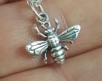 Tiny Bee Necklace. Sterling silver Bee charm necklace. Bee pendant. Delicate sterling silver chain. Bee jewelry. Insect jewelry.