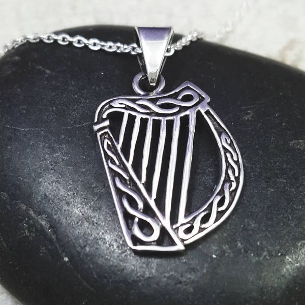 Irish Harp Necklace. solid STERLING silver Harp necklace. Celtic revival. Ireland Harp necklace. Music necklace. Mens necklace. Gaelic gift