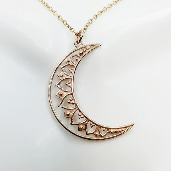 Crescent Moon necklace. Gold Moon necklace. Mandala Crescent Moon. moon phase necklace. celestial necklace. boho jewelry. bronze moon