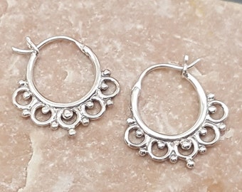 Sterling Silver Moroccan Hoop Earrings: Small Floral Boho Style