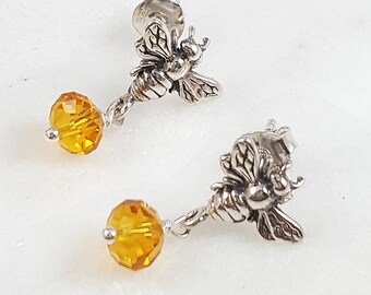 Tiny Bee Earrings. Sterling silver Bee stud earrings. Bee jewelry. Bee with honey. Tween studs. Tween jewelry. Citrine cubic zirconias.