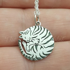 Cat Necklace. sterling silver Cat pendant. tabby cat. cat lady gift. sleeping Cat. striped tabby.