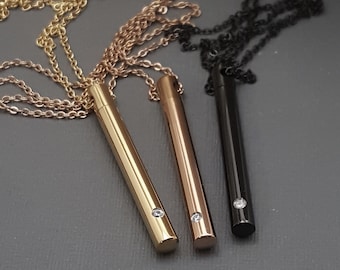 Stainless steel Tube necklace. Vial necklace. Gold, Rose Gold, black Perfume pendant, stash necklace. Cubic zirconia gemstone