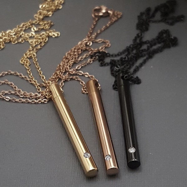 Stainless steel Tube necklace. Vial necklace. Gold, Rose Gold, black Perfume pendant, stash necklace. Cubic zirconia gemstone