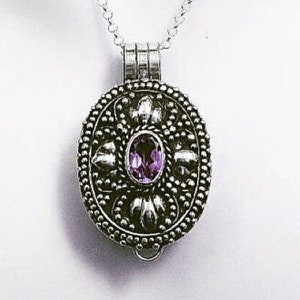 Box Necklace. Pill box necklace. STERLING SILVER filigree pendant. Amethyst necklace. Perfume pendant. February birthstone. Prayer box