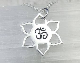 Om Lotus necklace - sterling silver lotus charm necklace - birthstone necklace - namaste pendant - om necklace - zen Buddhist yoga jewelry