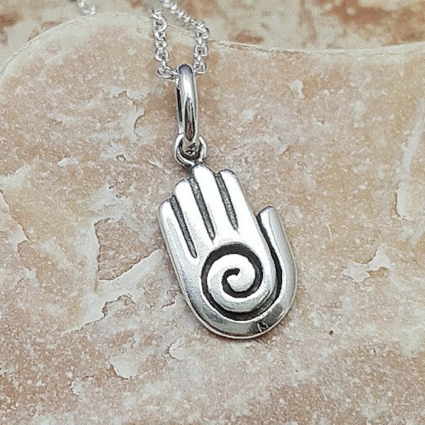 Sterling Healing hand pendant. Sterling silver Hand necklace. Healing pendant. Petroglyph necklace. sterling silver talisman necklace