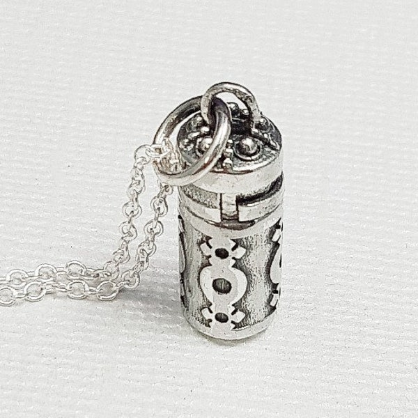 Tube Necklace. Sterling silver prayer box necklace. Silver geometric pill box pendant. Keepsake necklace. Cylinder pendant.