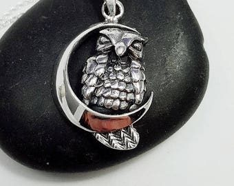 Sterling Night Owl necklace - night owl charm - owl pendant - bird necklace - owl jewelry - owl on moon necklace - Night owl jewelry -Wiccan