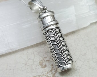 Tube Necklace. Sterling silver vial necklace. silver filigree pill box pendant. Cylinder pendant. Prayer box pendant