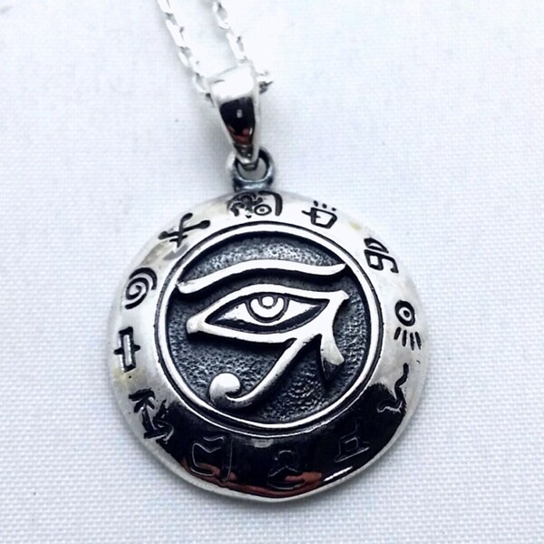 Eye of Horus necklace - solid sterling silver - all seeing eye pendant - eye of Ra - Egyptian - protection amulet - Goddess - hieroglyphs