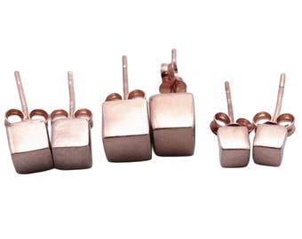 Rose Gold Cube Stud Earrings, matte brushed