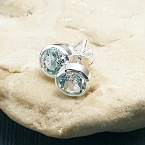 Blue Topaz Stud Earrings: Sterling Silver Bezel, December Birthstone