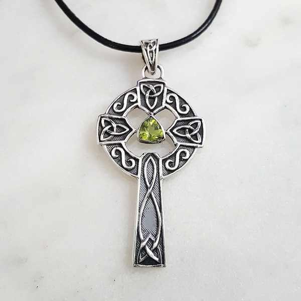 Large Celtic Cross Necklace. solid STERLING silver cross with peridot. celtic revival cross. Irish cross. insular cross. August birthday