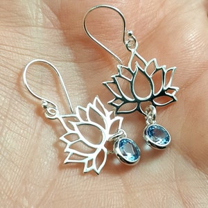 Lotus earrings. Sterling silver lotus dangle earrings. birthstone earrings. waterlily earrings. open lotus. yoga jewelry. flower earrings