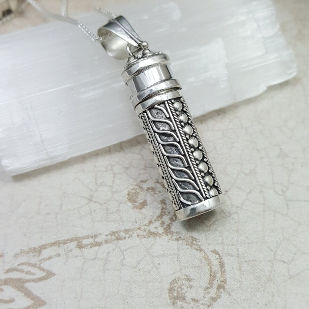 Tube Necklace. Sterling Silver Vial Necklace. Silver Filigree Pill Box