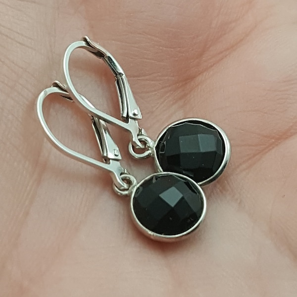 Sterling Silver Black Onyx Earrings, Lever Back Dangles