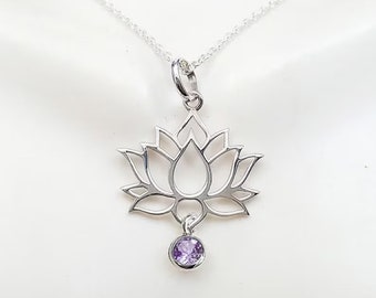 Lotus necklace. sterling silver lotus necklace. birthstone necklace. waterlily pendant. open lotus. yoga jewelry. flower necklace