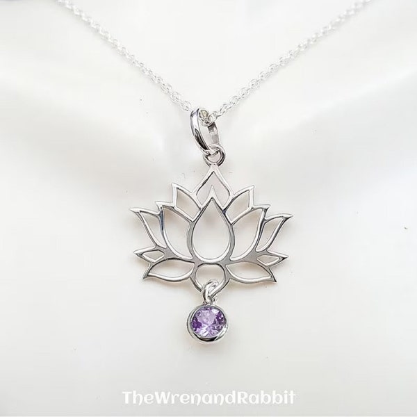 Lotus necklace. sterling silver lotus necklace. birthstone necklace. waterlily pendant. open lotus. yoga jewelry. flower necklace