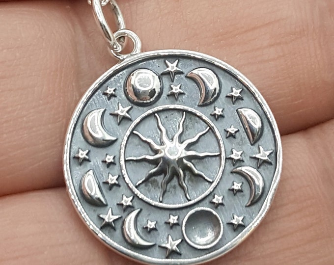 Moon Phases Necklace. Silver Moon Necklace. Sterling Silver Sun and
