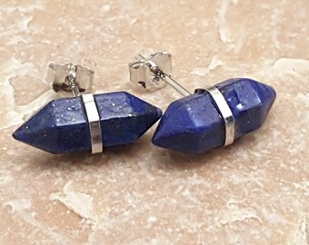 Genuine lapis lazuli stud earrings. Double end lapis crystals. Pyrite inclusions. Small stud earrings. Sterling silver posts and backs