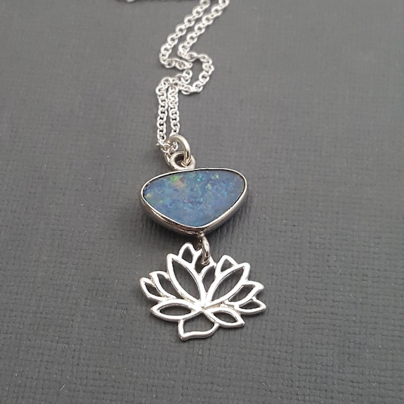 Australian Opal Lotus Necklace: Sterling Silver October Birthstone