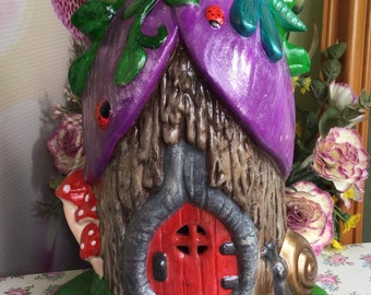 Hand, cast, hand painted, pottery, fairy house, ornament