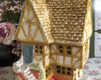 OOAK, handmade, hand painted, pottery, Tudor house, light ornament